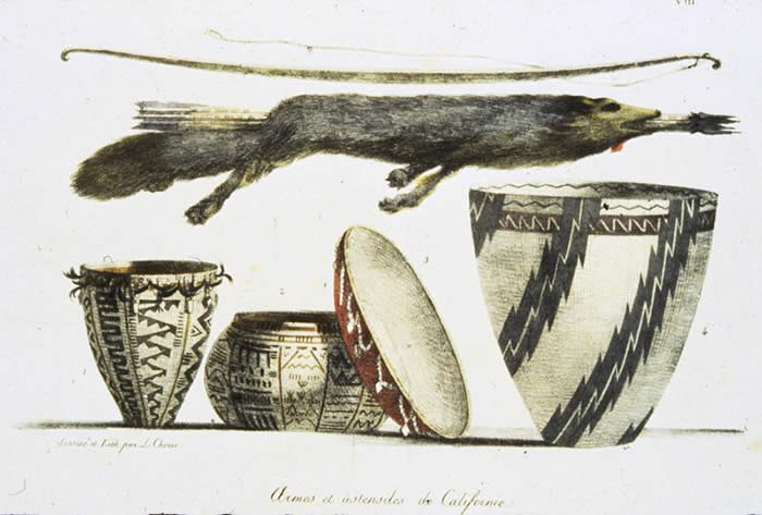 Weapons and Baskets, a drawing by Louis Choris in 1816 Courtesy, The Bancroft Library